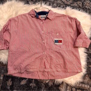 Vintage Red White Blue Nautical Striped Button Down Sz L